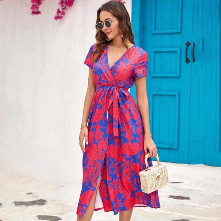 Women Summer High Waist A Line Dress Ethnic Printed Short Sleeve Lace Up