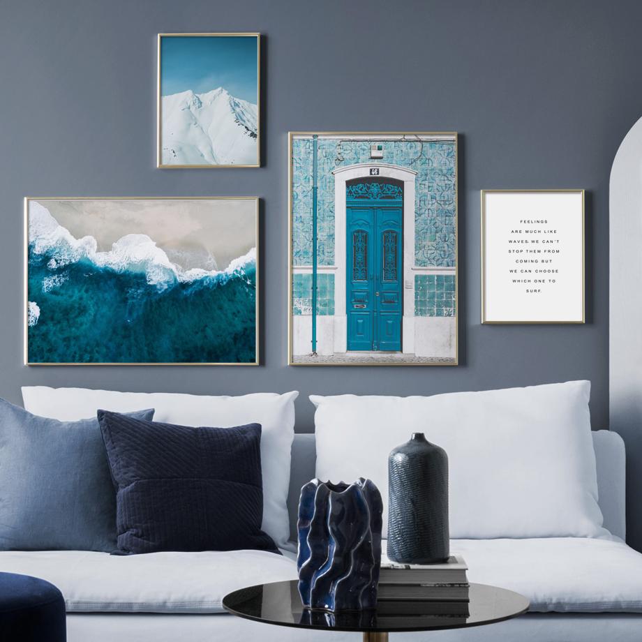 Seascape Poster Canvas Painting Nordic Blue Painting Seaside Church Mediterranean Print Wall Picture for Living Room Decor No Frame