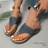 2024 Summer Women's Plus Size Round Toe Thick Sole Fashion Sandals - Solid Color & Hollow Out Thong Style