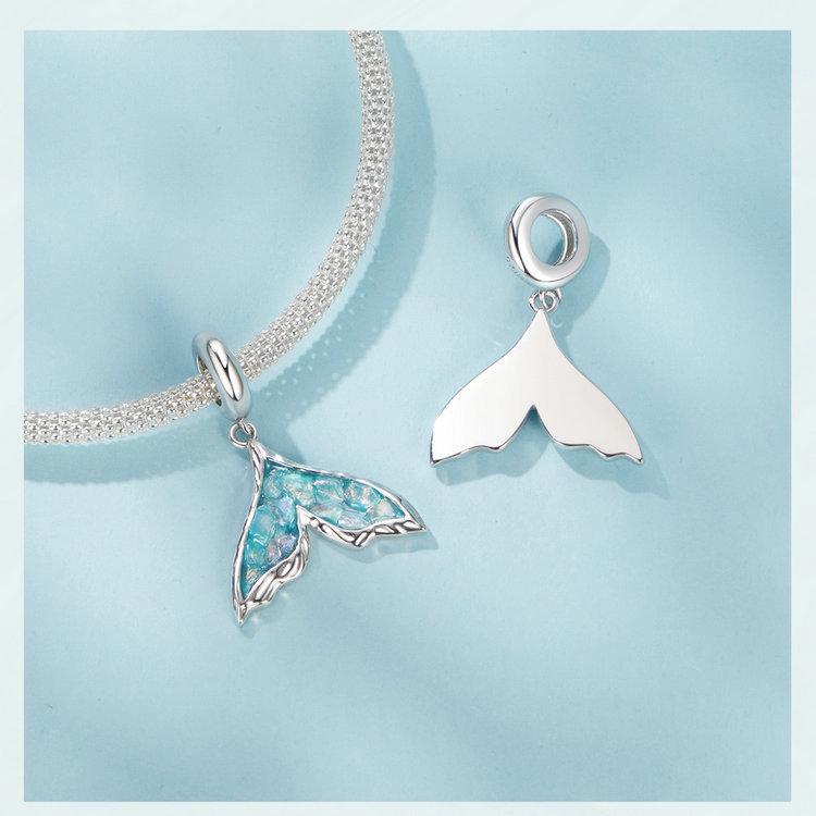 Exquisite Fantasy Blue Fishtail S925 Sterling Silver Pendant Charm for DIY Bracelet