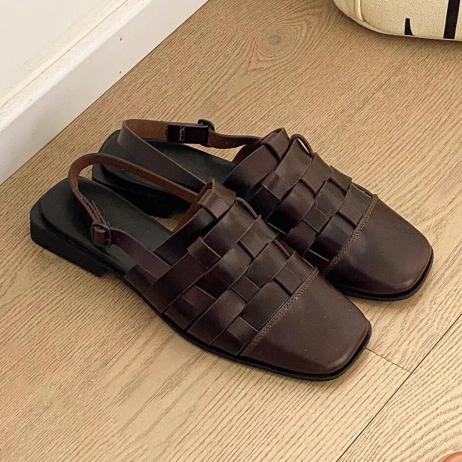 Mode NEU Leder Damen Ballerinas Webdesign Schnallenriemen Slingback Schuhe Damenmode Eckige Zehenpartie Freizeitschuhe Handgefertigt