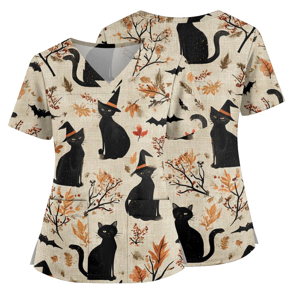 Women V Neck Scrub Top with Pockets Short Sleeve Side Split Hem Halloween Print Floral Pattern Comfortable Fit Medical Uniform