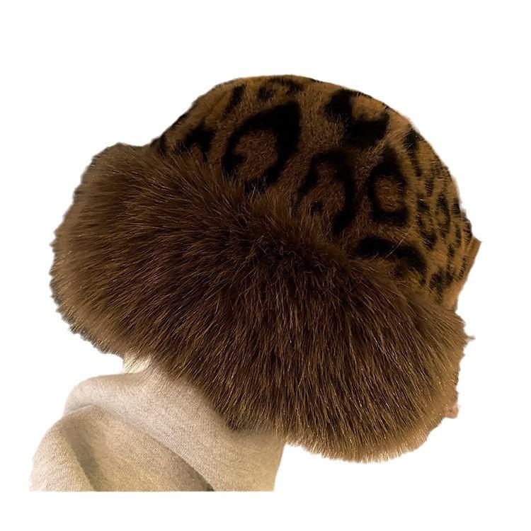 Leopard print warm plush hat women's autumn and winter retro thickened cold-proof face small ear protection bucket hat tide