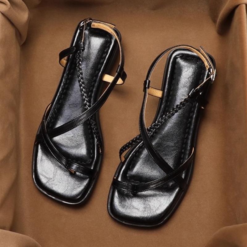 

Fashion Retro Cross Tied Flat Sandals Women Fashion Square Toe Ankle Buckle Brand Designer Shoes Comfortable Clip Toe Beach Flip Flops 35 чёрный