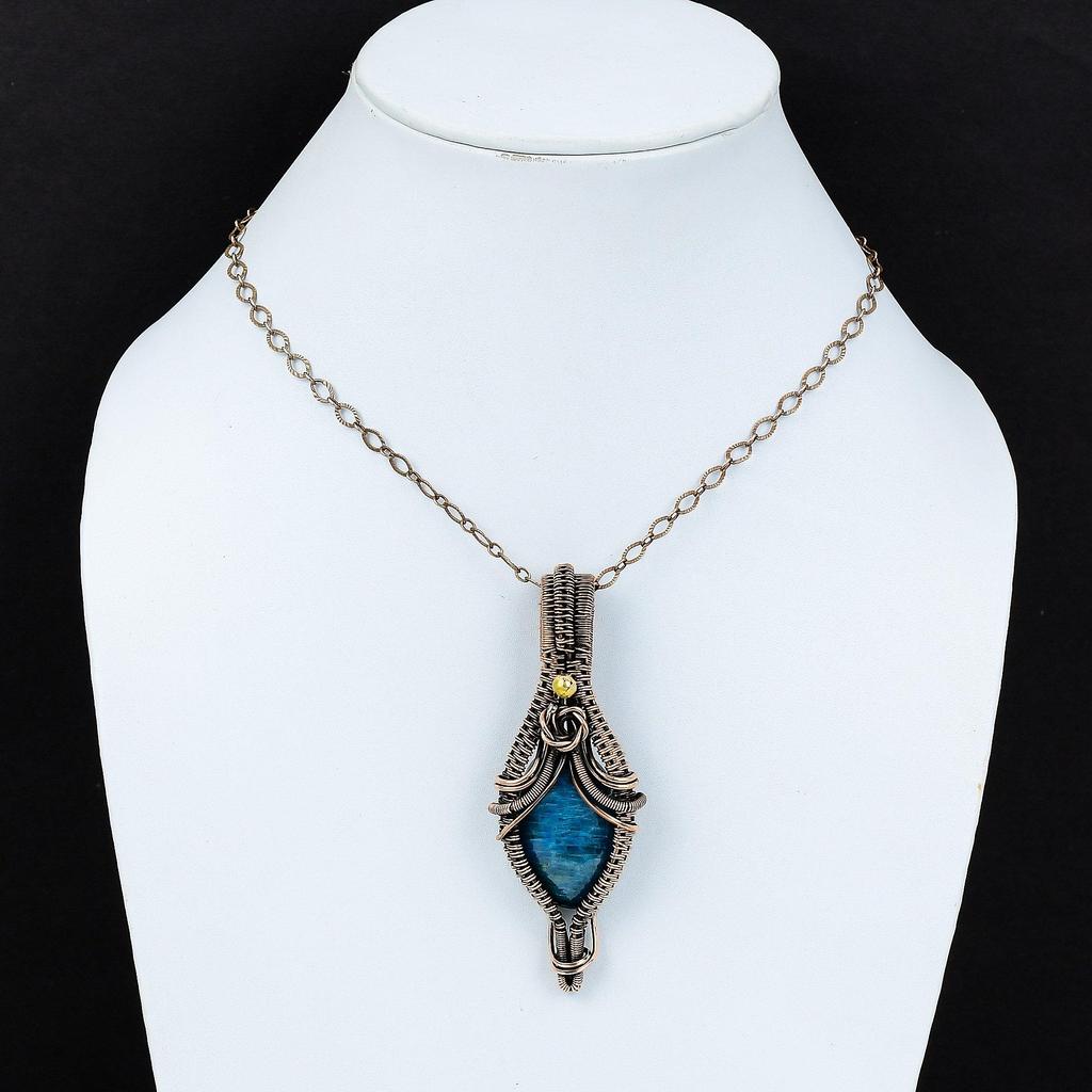 Neon Blue Apatite Gemstone Pendant 999 Copper Wire Wrapped Jewelry, Handmade Antique Pendant Jewelry, Gift For Mother