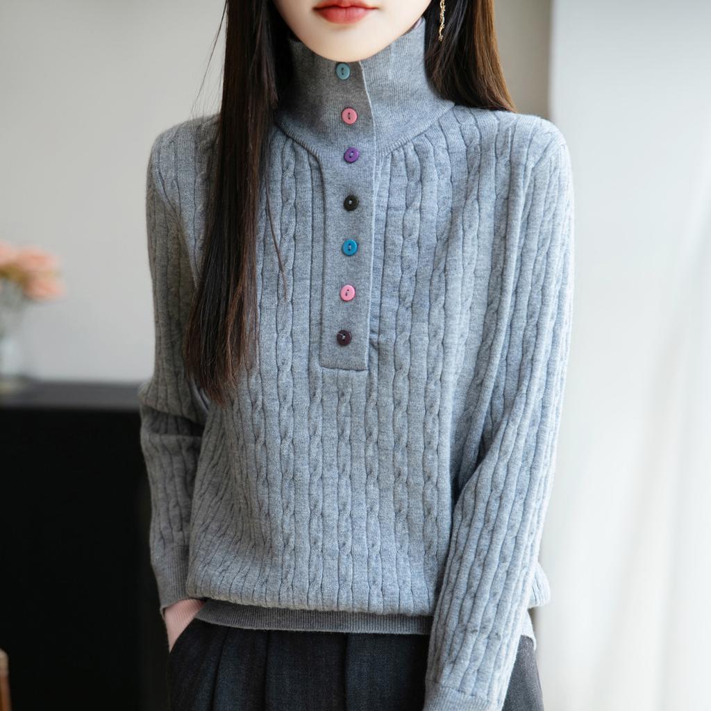 A High-end Retro Twisted Knit Sweater for Women's Autumn and Winter A New Double-collar and Half-open Neck Sweater
