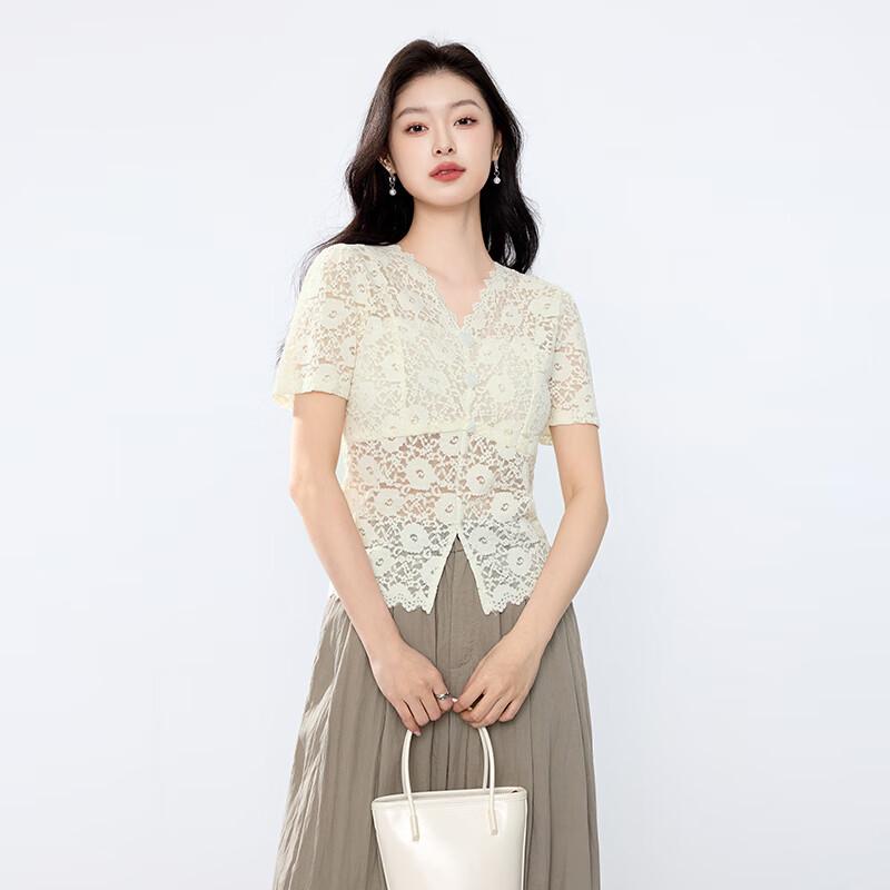 JOY SPEAKER Elegant Lace Hollow Short-Sleeve Blouse