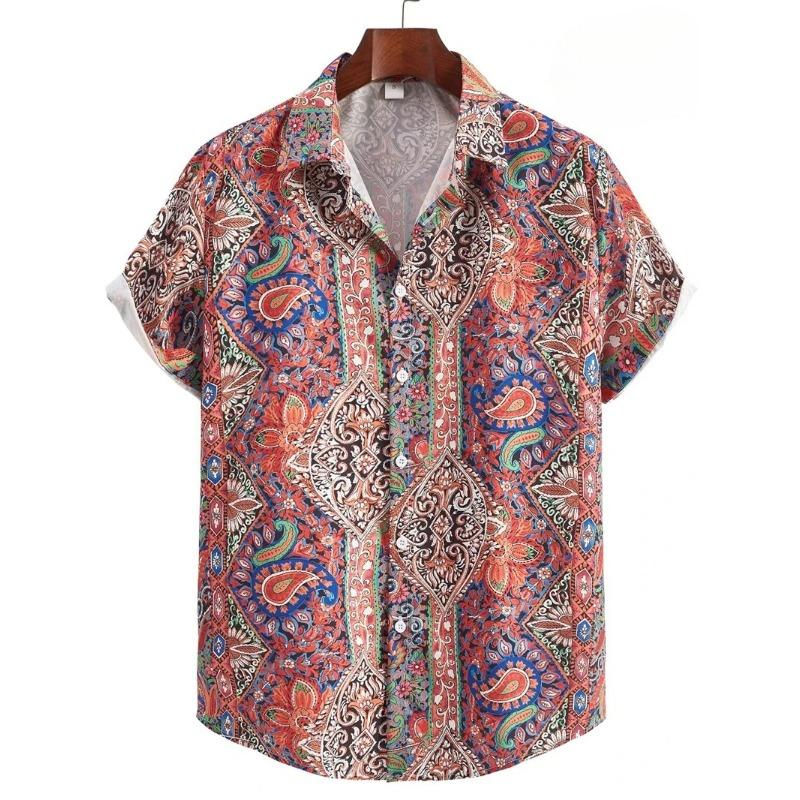 Camisas Havaianas para Homens T-shirt Casual de Manga Curta com Estampa Paisley 3D Gola Lapela Botões Tops Masculinos Verão Oversized Boêmio Camisetas Masculinas
