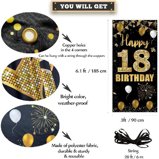 18th Birthday Door Banner Backdrop, Happy 18th Birthday Decorations for Girls Boys Black Gold, 18 Years Old Birthday Party Photo Props Yard Sign for