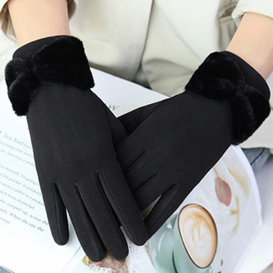 1 Pair Bowknot Decor Thickened Solid Color Women Gloves Autumn Winter Double-sided Fleece Touch Screen Driving Gloves