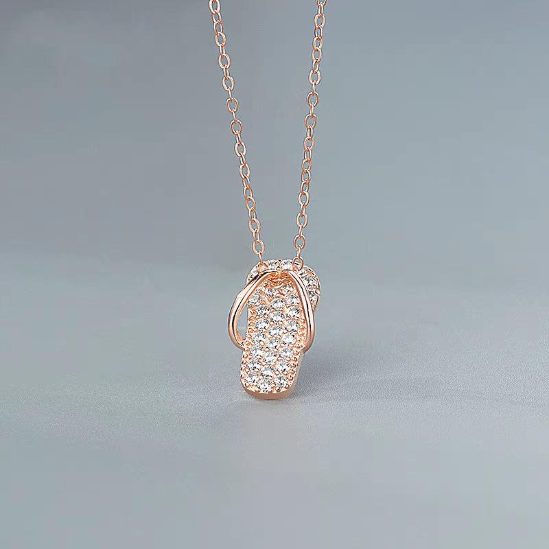 S925 Sterling Silver Diamond-Inlaid Flip-Flop Pendant Necklace for Women - Korean Style Clavicle Chain 925 Silver розового золота