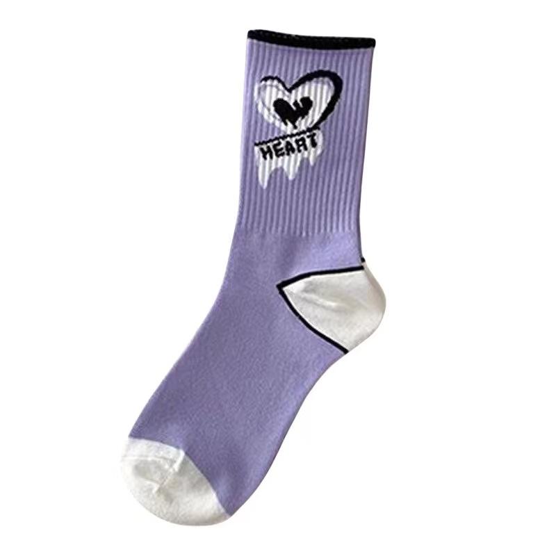 Damskie białe skarpetki śliczne bawełniane skarpetki z sercami kawaii preppy koreański styl anime fioletowe skarpetki damskie