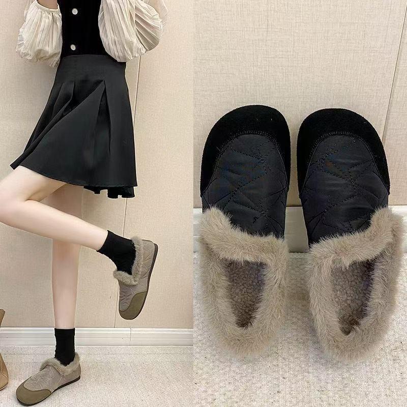 2025 winter new velvet round head one-pedal warm beanie shoes women's retro down fabric lamb wool cotton shoes