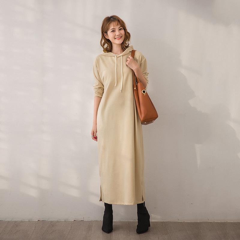 Autumn Winter Oversize Hoodies Women Elegant Lady Long Sweatshirts Dress Solid Loose Korea Casual Vintage Dress Women