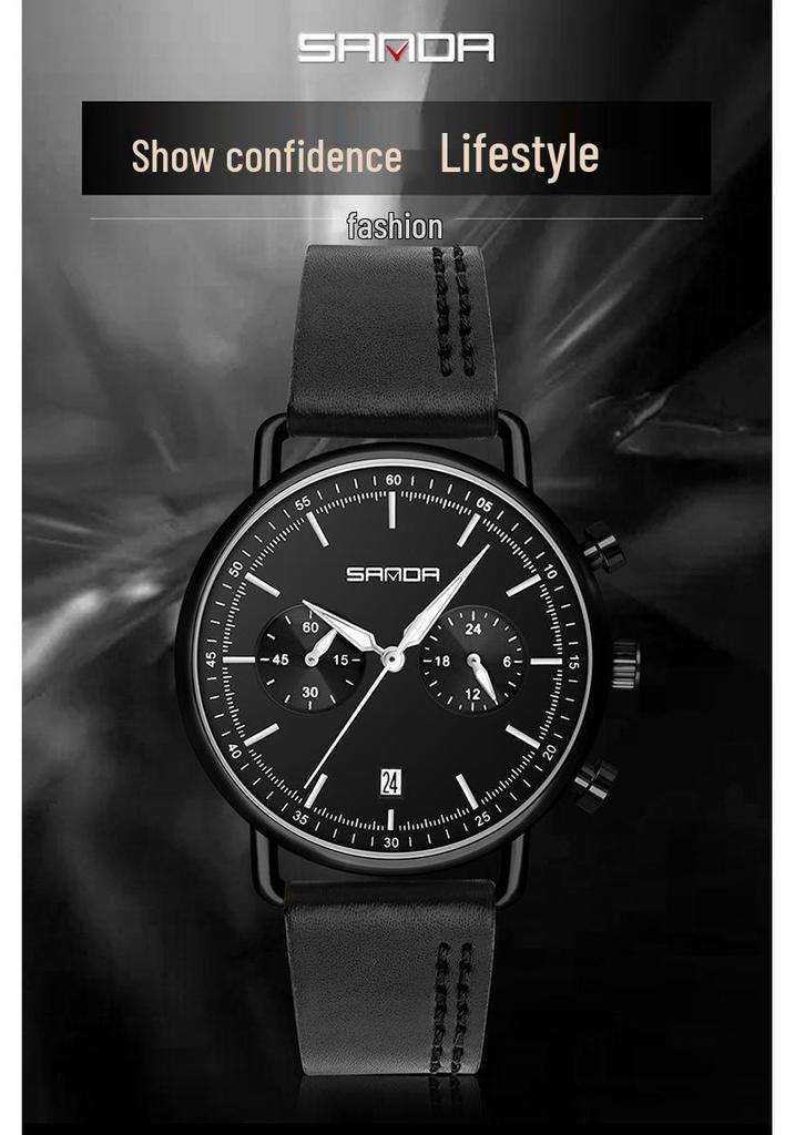 Sanda 1033 Men's Quartz Watch: Trendy Design with Leather Strap & Small Seconds Hand