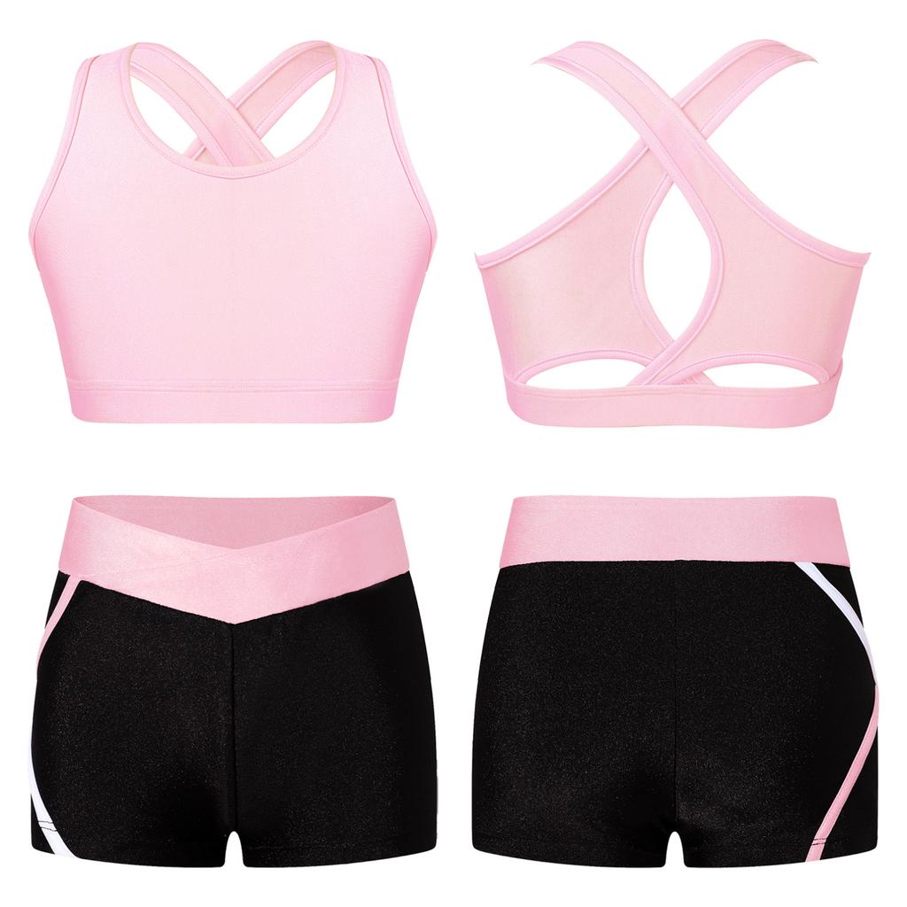 Ärmelloses Kinder-Mädchen-Crop-Top mit U-Ausschnitt und überkreuzten Schulterträgern hinten mit niedriger Taille, elastischen, seitlich gestreiften Shorts für das Lauftraining im Fitnessstudio