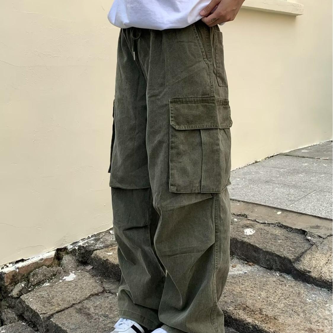 

Унисекс потертые стираные рабочие брюки свободного прямого кроя с карманами - Универсальные повседневные однотонные длинные брюки XL зелёный