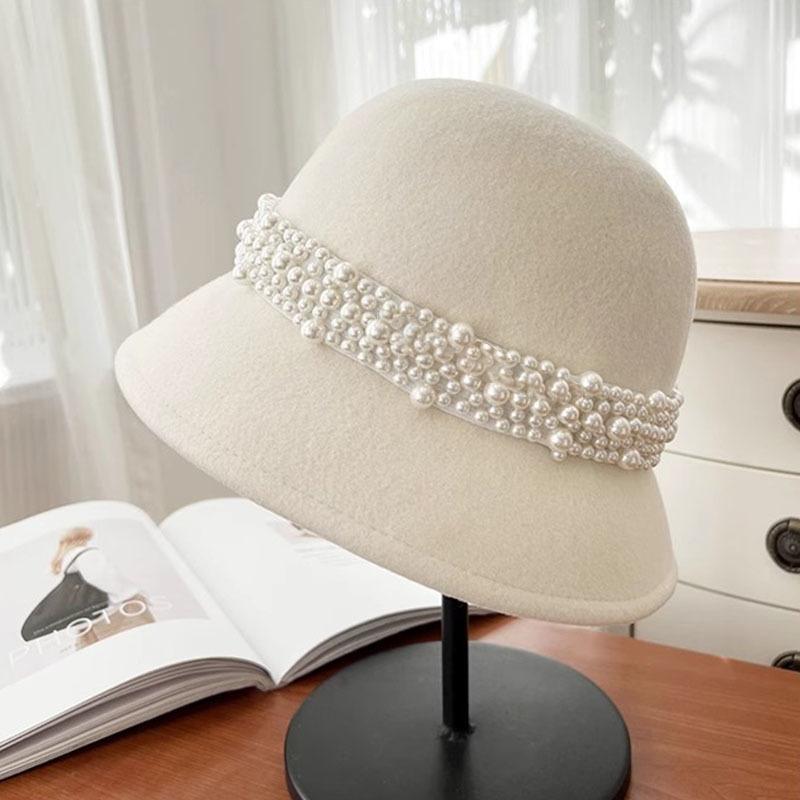 Woolen pearl small basin hat women's autumn and winter elegant temperament fashion top hat French retro thermal bucket hat