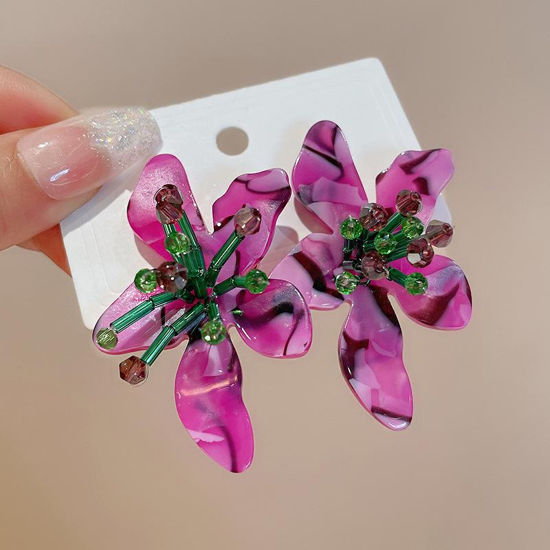 Silver Needle Spring Crystal Flower Stud Earrings - Mori Pastoral Style