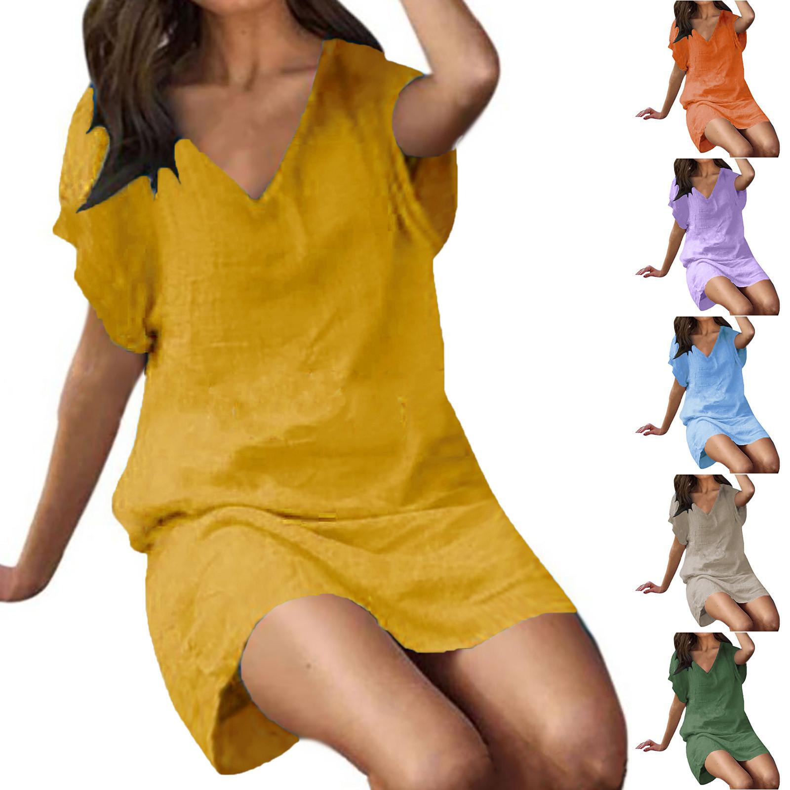 

Women s Summer Short Sleeve Solid Color V Neck Soft Comfortable Long Dress