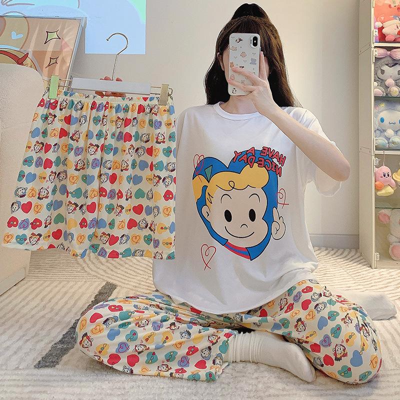 Short-Sleeved Pajamas Three-Piece Korean Version Of Sweet And Cute Cardigan Women'S Loungewear
