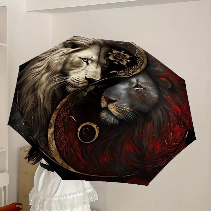 1pc Yin-Yang Lions: Harmony in Contrast Umbrella with Plastic Handle,Suitable for All Seasons Home Travel Outdoor UmbrellaDD576