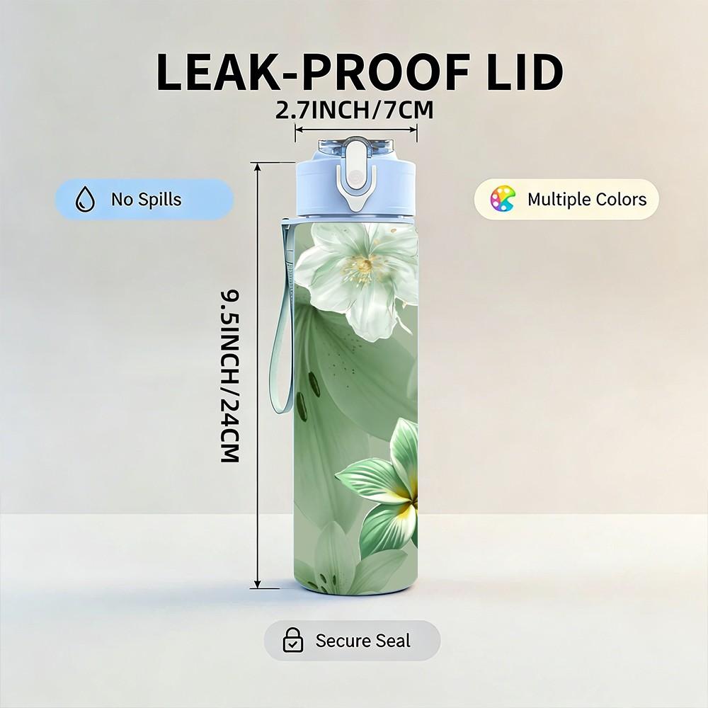 1PC Green Floral Leaf Marble Pattern 750ml Color Plastic Sports Water Bottle Leakproof Flip Straw Lid Suitable for Sports Office Home Use