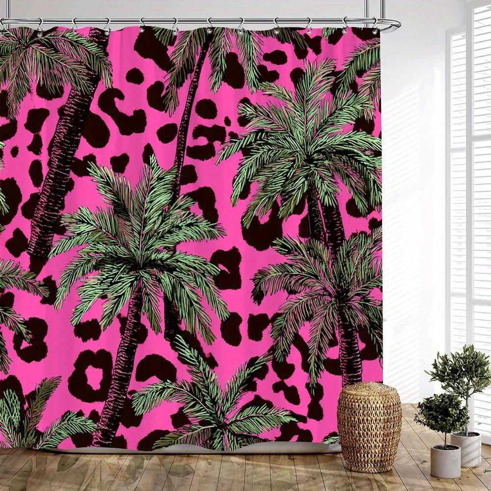 1Pc Tropical Leopard Print Shower Curtain - Vibrant Pink Jungle Palm Design With Exotic Spots, Bold Polyester Fabric 70X70 Inche