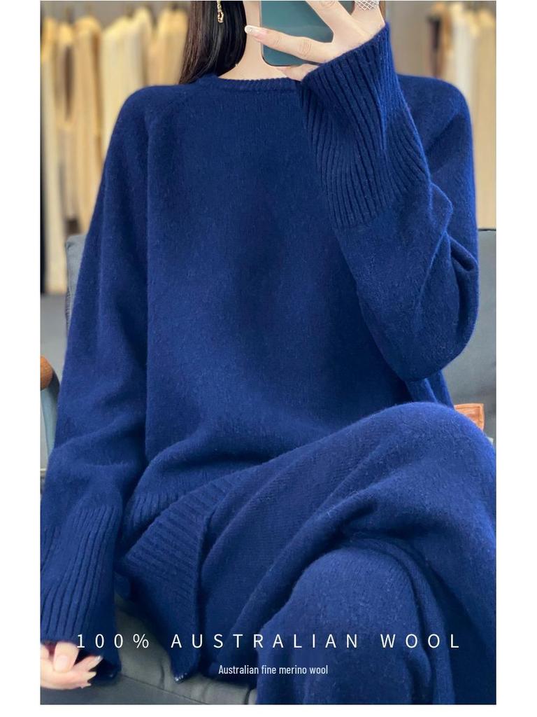 Autumn/Winter Cashmere Knitwear: Thick Long Sweater & Loose Wide-Leg Pants Two-Piece Set