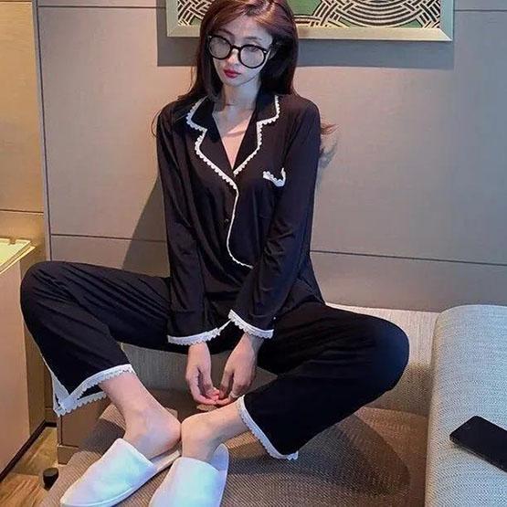 

Женский весенний свободный пижамный комплект из двух предметов большого размера с длинными рукавами, женский осенний домашний кружевной пижамный комплект M чёрный