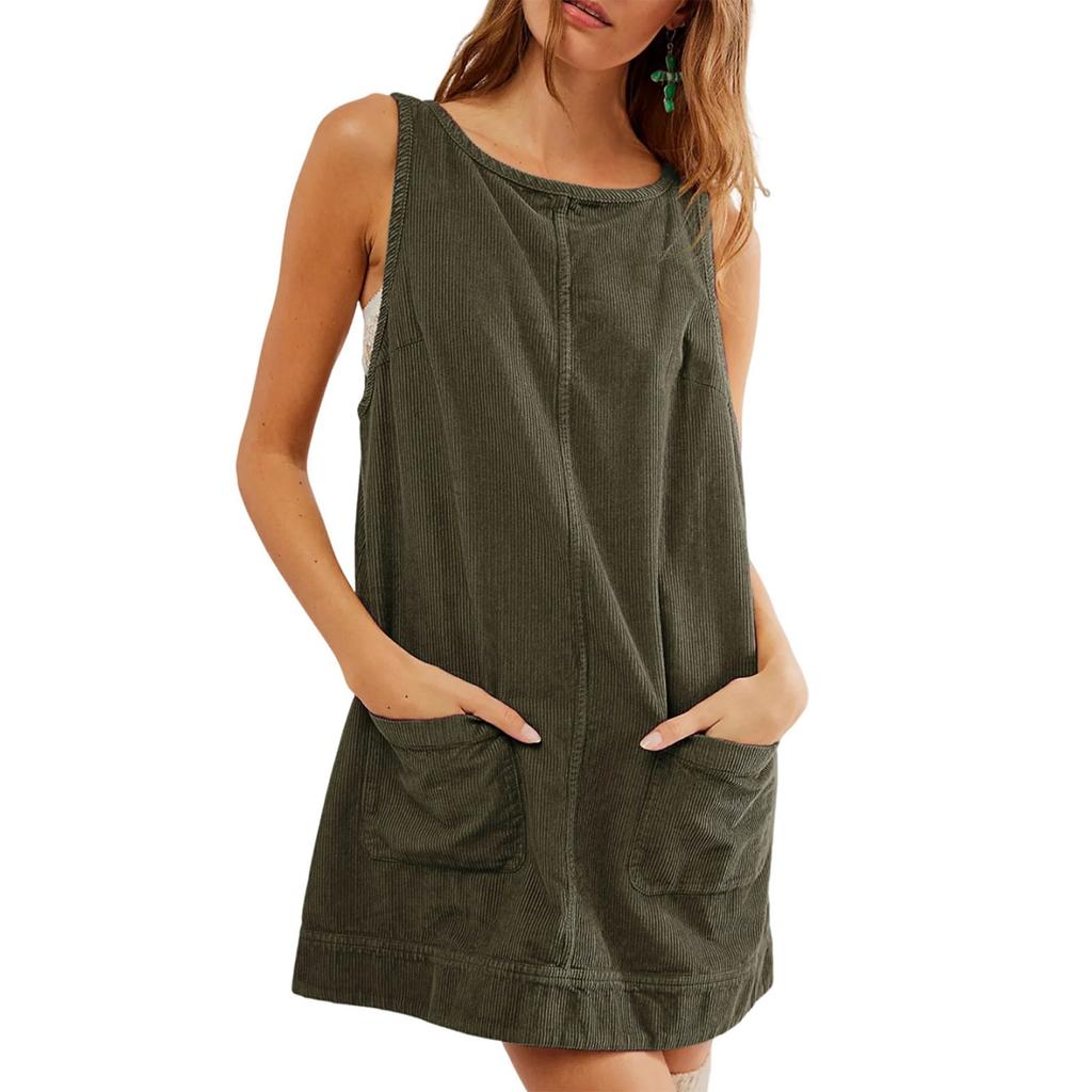 Women's Fashion Corduroy Solid Color Round Neck A Line Vest Dress Pinafore With Pockets