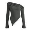 Women Knitting Tops Sexy Sloped Shoulder Collar Irregular Hem Pullover Tops Solid Color Ribbed Blouse