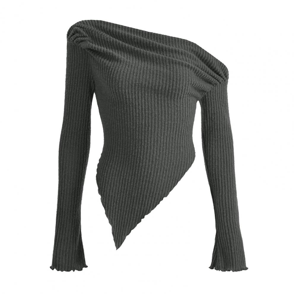 Women Knitting Tops Sexy Sloped Shoulder Collar Irregular Hem Pullover Tops Solid Color Ribbed Blouse