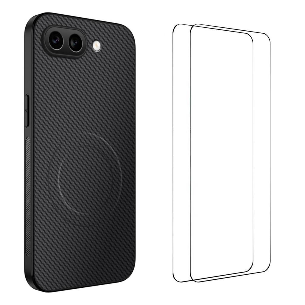 For Google Pixel 9a Magnetic Case WANLONFENG TQ1 Series Carbon Fiber Texture PC TPU Phone Cover with 2Pcs Screen Films