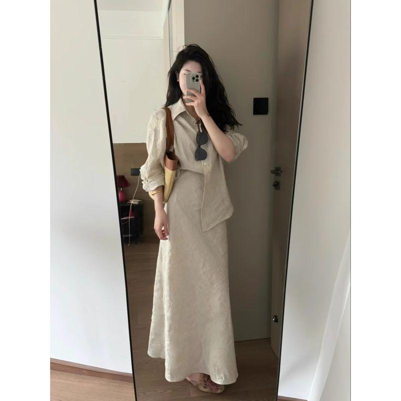 Kumikumi Fancy Suit Women's Minimalist Easiest for Match Loose Lapels Shirt Autumn High Waist Skirt Two-piece Set