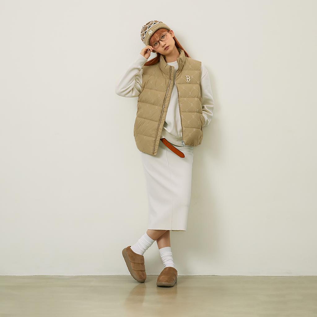 New MLB MONOGRAM Collection Boston Red Sox 24FW Down Vests Unisex Light Beige 3ADVM0246-43BGL