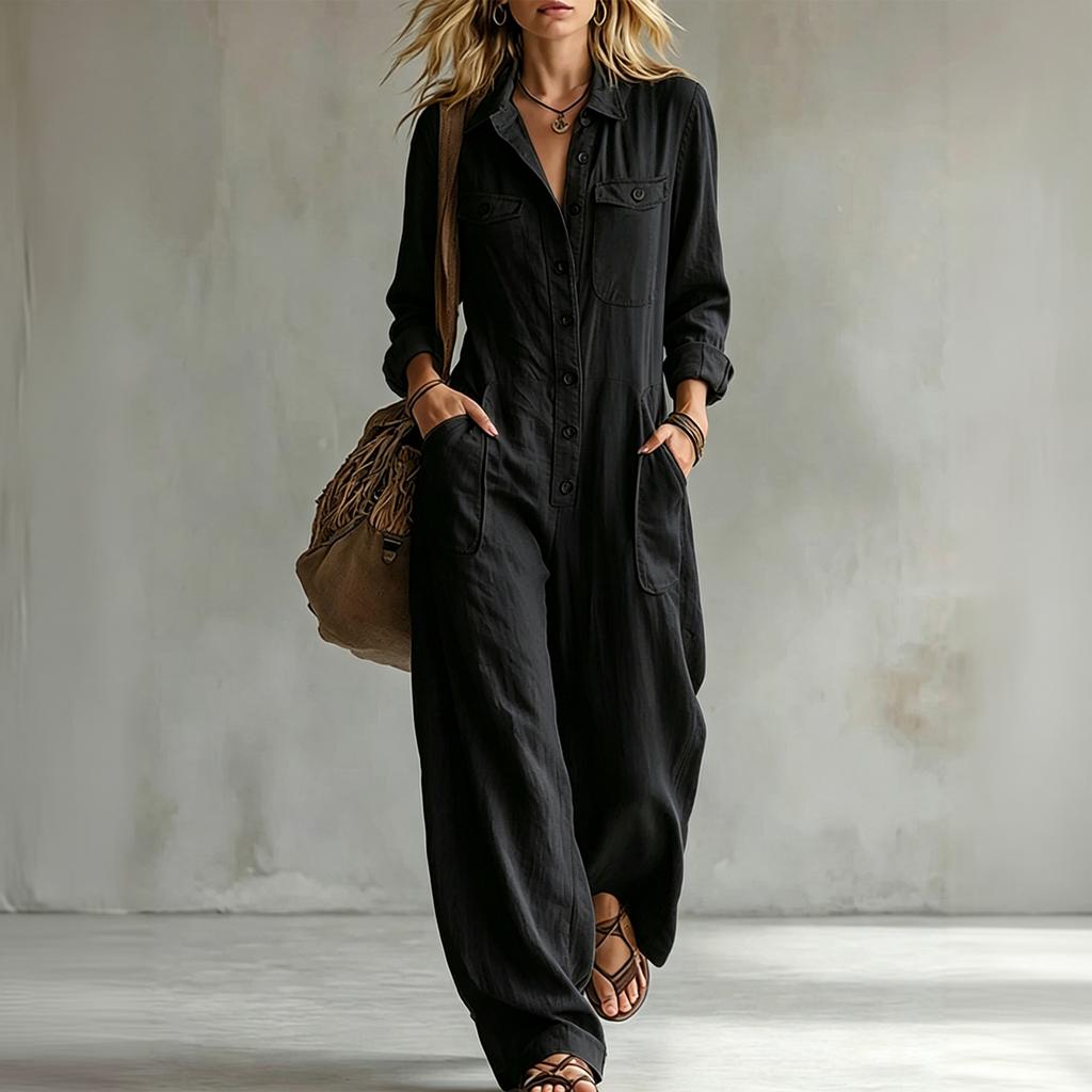 Damen Farbiger Jumpsuit mit langen Ärmeln, weitem Bein und Kragen für Urlaub und Reisen