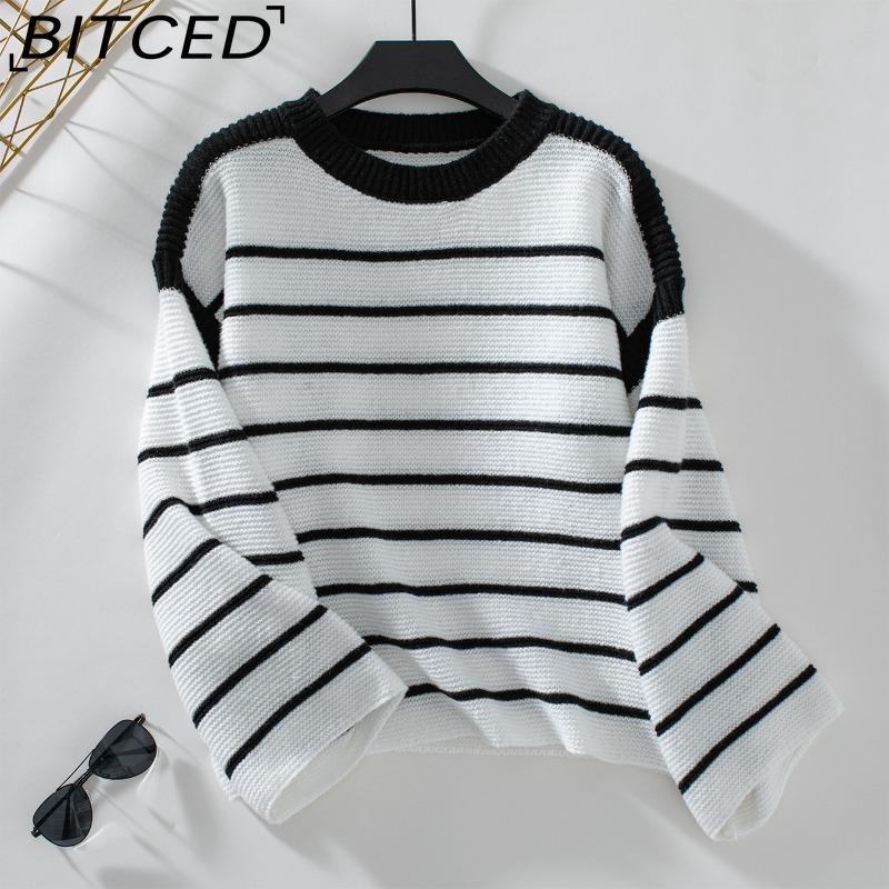 BITCED Autumn/Winter Women's O-Neck Loose-Fit Black-and-White Striped Pullover Long-Sleeved Knitted Sweater