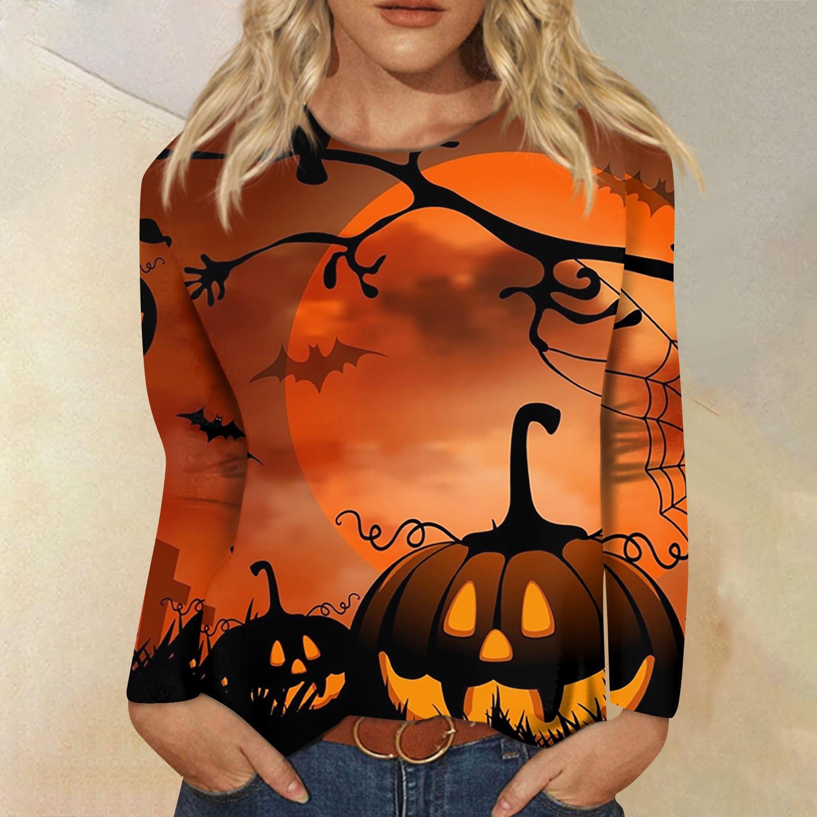 

Женский модный повседневный топ с длинным рукавом в полоску на Хэллоуин и круглым вырезом с принтом S оранжевый