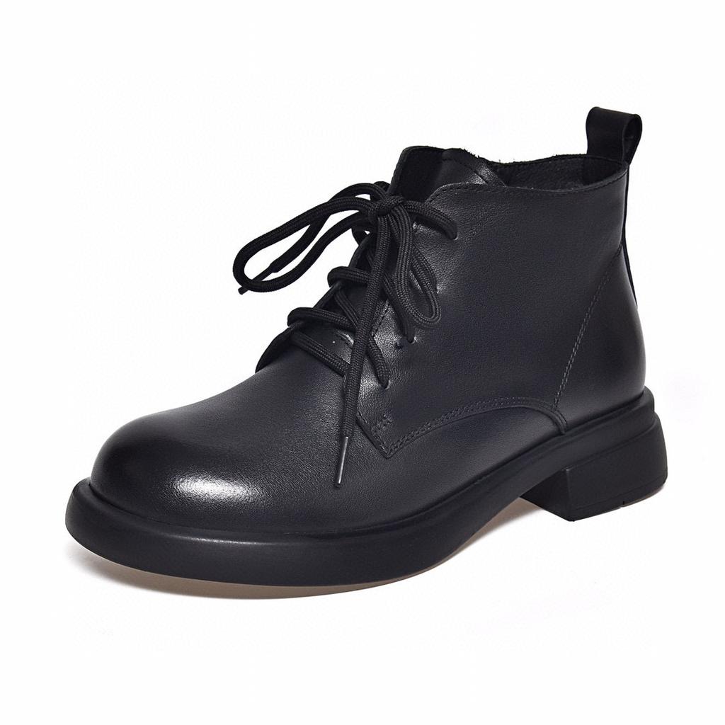 Leather Boots Women's Autumn and Winter New First-layer Cowhide Round Head Flat-bottomed Lace-up Martin Boots Simple Basic Women's Short Boots