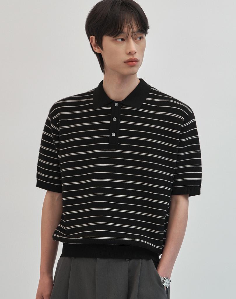 WORK ON BODY OFF Ritme Semi-Overfit Cotton Collared Short Sleeve Knit [Black]