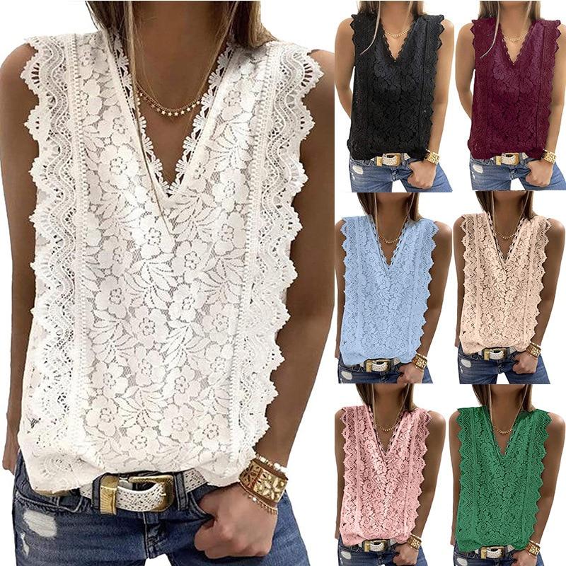 Ärmellose V-Ausschnitt Sommer Spitzenbluse Frauen Sexy Weste Elegante süße weiße Casual Tank Crop Tops Vintage lose Kleidung 18988