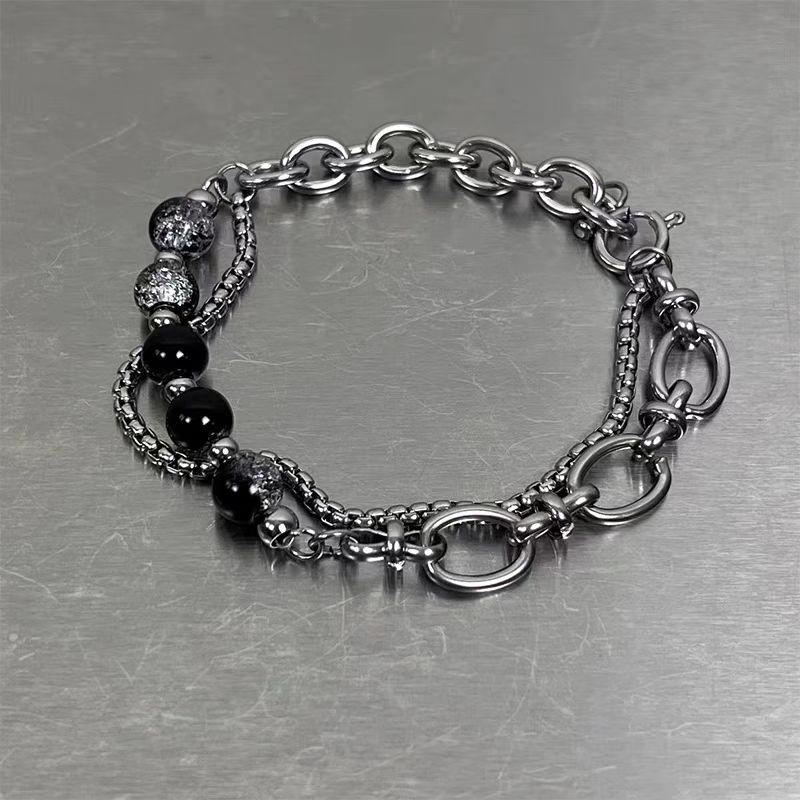 Double Layer Titanium Steel Ice Crack Bead Bracelet - Unisex Hip Hop Street Jewelry