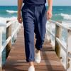 Men American Drawstring Simple Solid Color Casual Linen Cotton Straight Long Pants