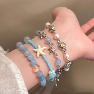 2Pcs/Set Fashion Blue Crystal Star Shell Bracelet For Women Girls Elegant Handmade Bead Chain Bracelets Best Friend Jewelry Gift