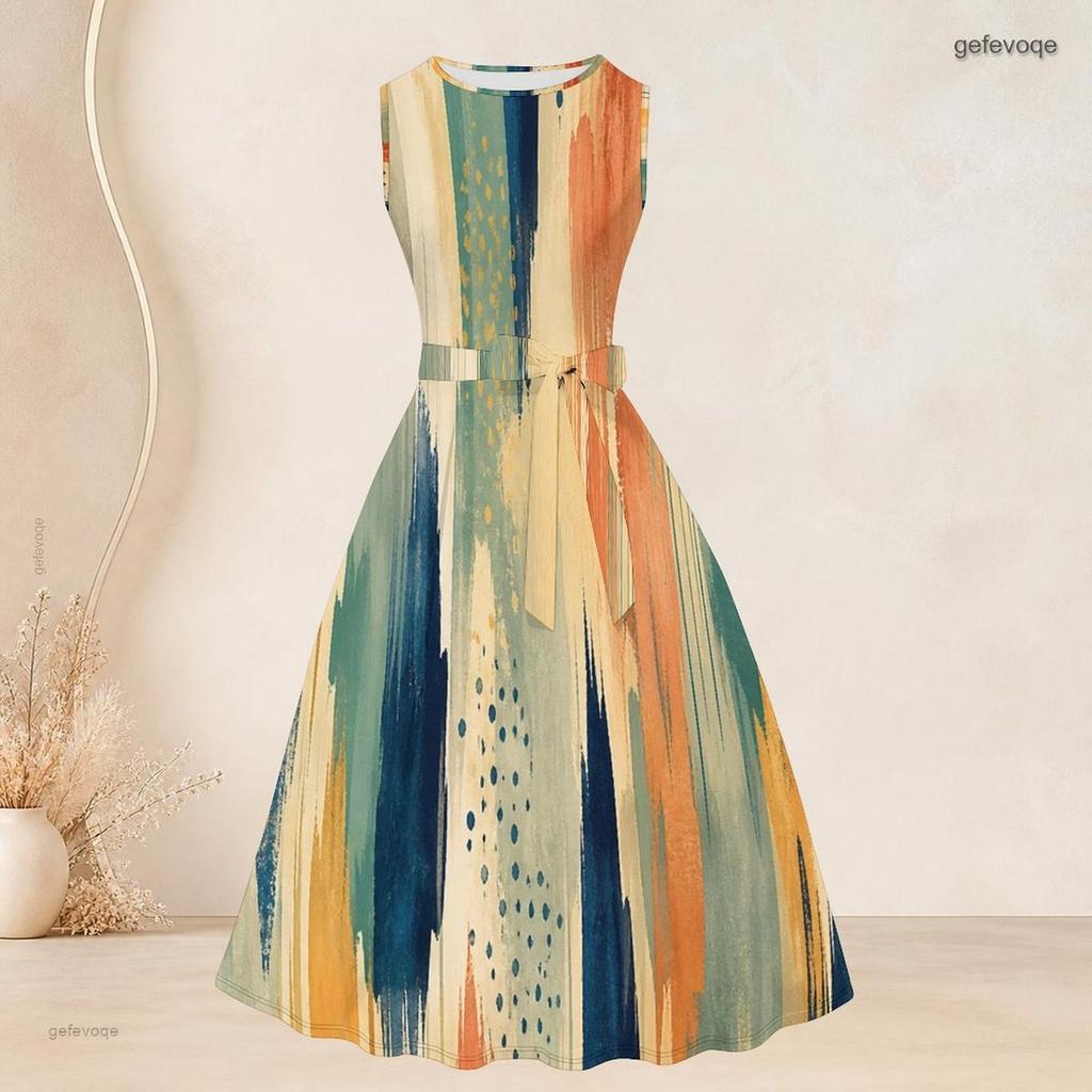 Women Plus Size Two Piece Dress Set 3 4 Sleeve Open Front Cardigan Sleeveless Round Neck Tie Waist Flared Dress Blue Black Printed