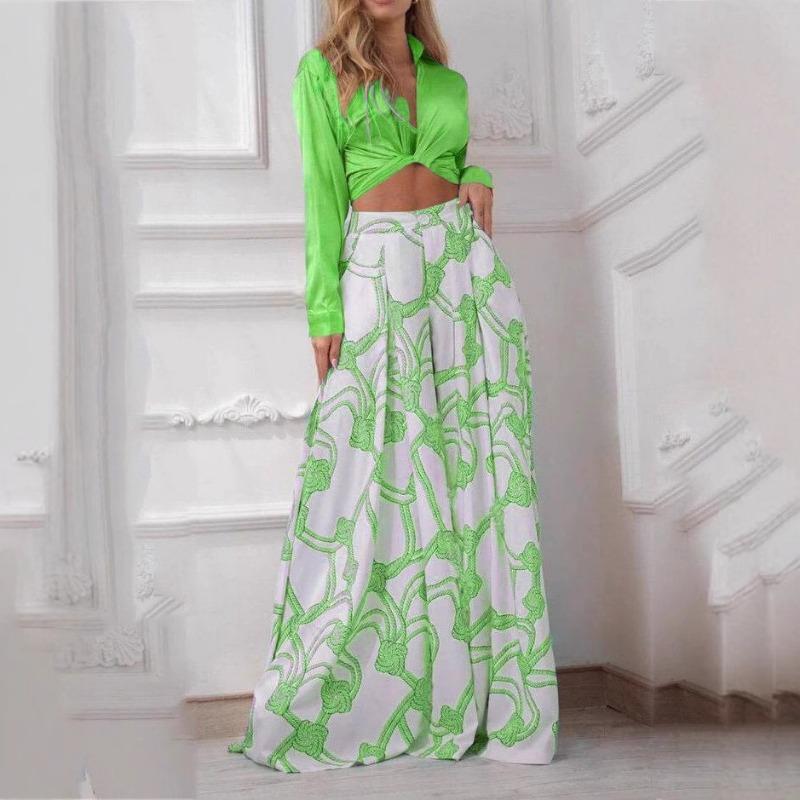 Women's Printed Casual Suit Lapel Sexy Lace-up Shirt. Waist Wide Leg Pants Two-piece Set