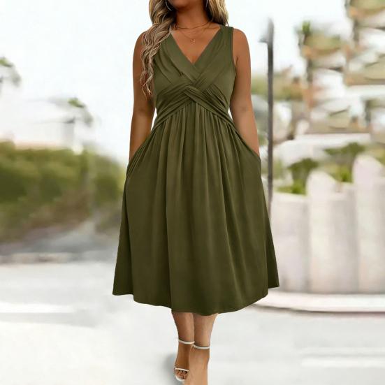 Robe d'été sans manches pour femme, robe midi plissée à col en V, respirante, décontractée, avec ourlet évasé au-dessus de la cheville, robe trapèze avec poches