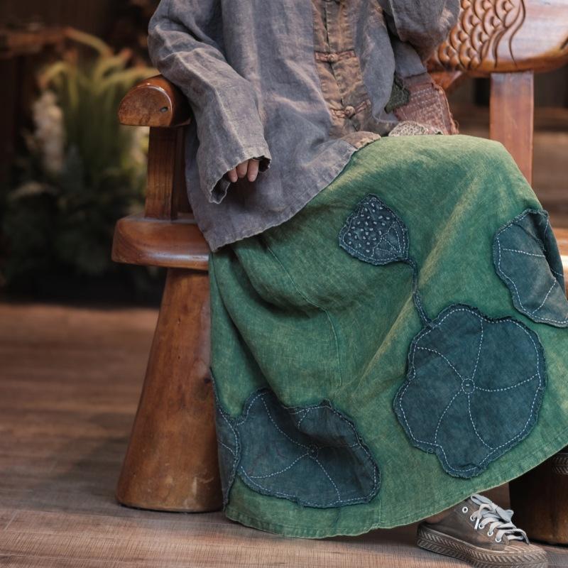 

Johnature Vintage Women Patchwork Skirts Elastic Waist Green Autumn High Quality Female A-Line Skirts One Size зелёный