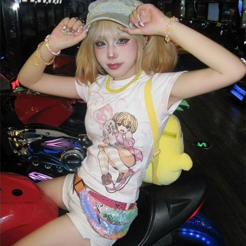 2KWEIRD Y2k Harajuku Streetwear T-Shirts Damen Japanische Mode Kawaii Süßer Cartoon-Druck Slim Sexy Tees Tops Weiches Gril Sommer